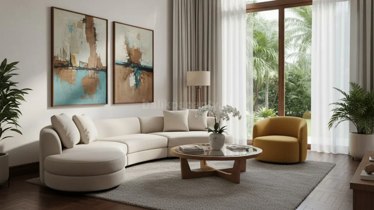 Ruang tamu modern dengan sofa lengkung warna beige sebagai pusat perhatian interior rumah. (BTV/Ai)