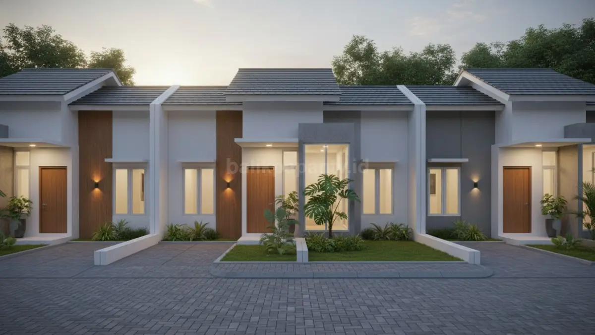 Rumah kecil dengan taman hijau dihalaman 