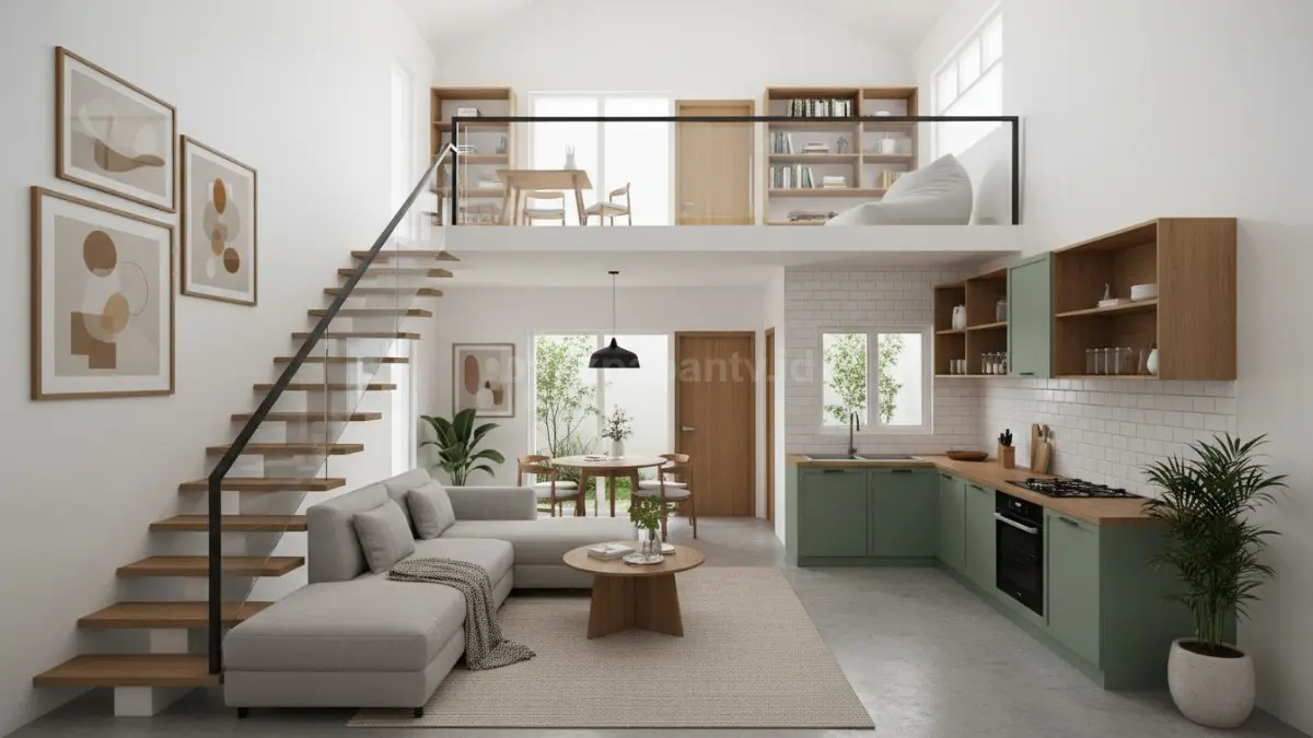 Rumah mezzanine multifungsi memaksimalkan ruang vertikal sebagai area kerja, kamar, dan santai nyaman. (BTV/Ai)
