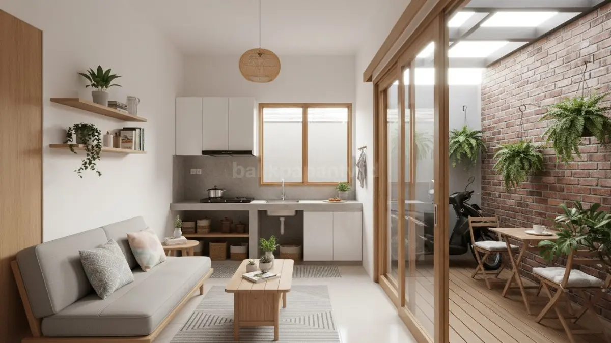 Rumah tipe 30 dengan teras multifungsi, nyaman untuk bersantai, bekerja, dan parkir motor harian. (BTV/Ai)
