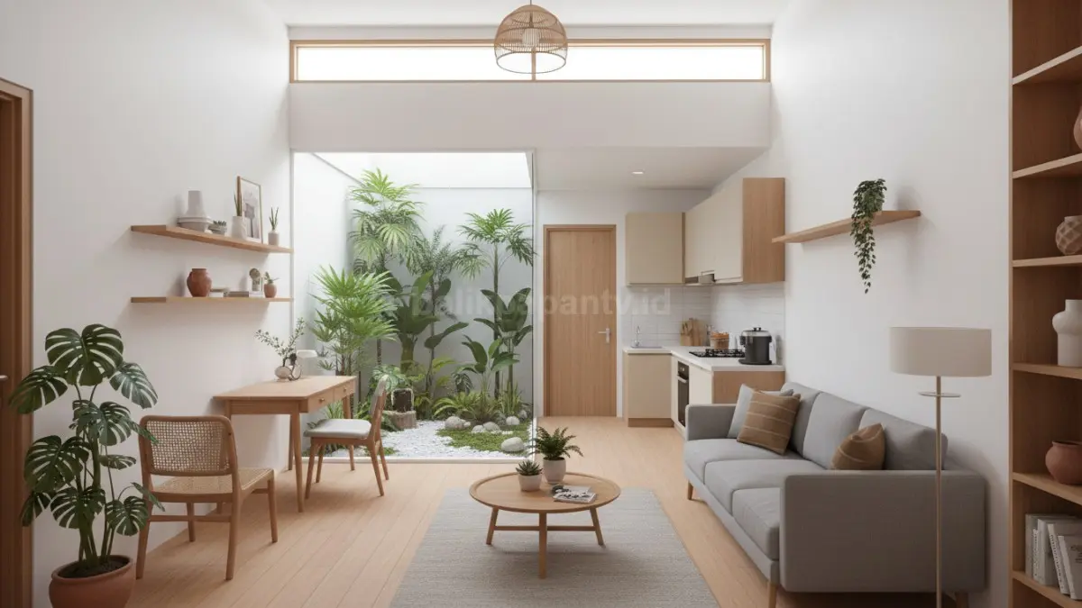 Rumah tipe kecil dengan taman dalam mungil menghadirkan udara segar, cahaya alami, dan kenyamanan. (BTV/Ai)

