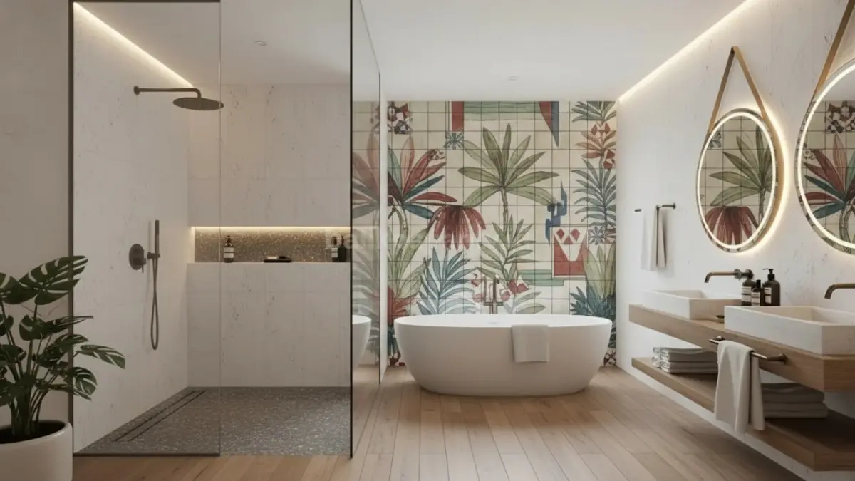 Shower area walk-in tanpa sekat tinggi menghadirkan kesan luas, bersih, dan modern pada kamar mandi. (BTV/Ai)
