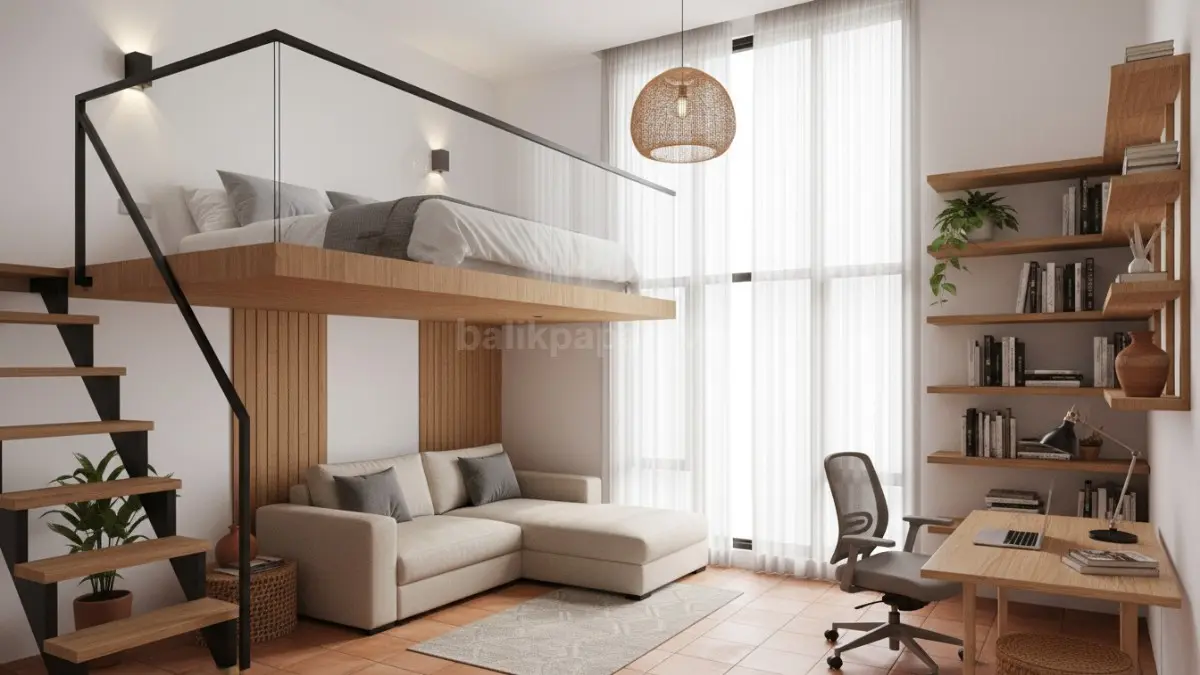 Studio mezzanine mini memaksimalkan ruang vertikal, menghadirkan area tidur, kerja, dan bersantai lebih efisien. (BTV/Ai)
