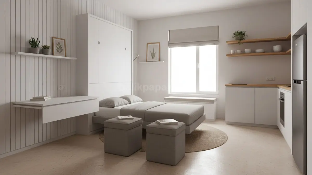 Studio multifungsi memaksimalkan ruang sempit dengan furnitur lipat praktis, fleksibel, dan efisien harian. (BTV/Ai)
