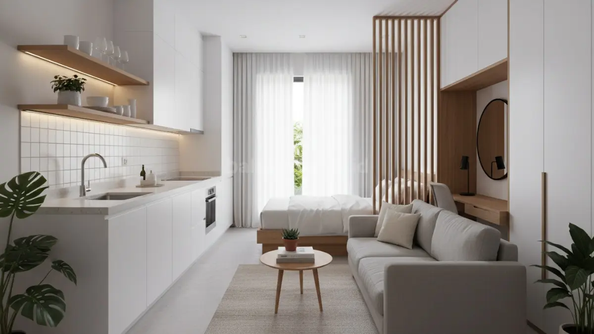 Studio mungil dengan dapur linear memanjang, hemat ruang, praktis, dan memudahkan sirkulasi penghuni sehari-hari (BTV/Ai)
