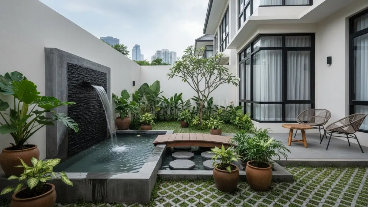 Taman air mini menghadirkan suasana tenang dan sejuk melalui elemen air seperti kolam kecil atau air mancur. (BTV/Ai)
