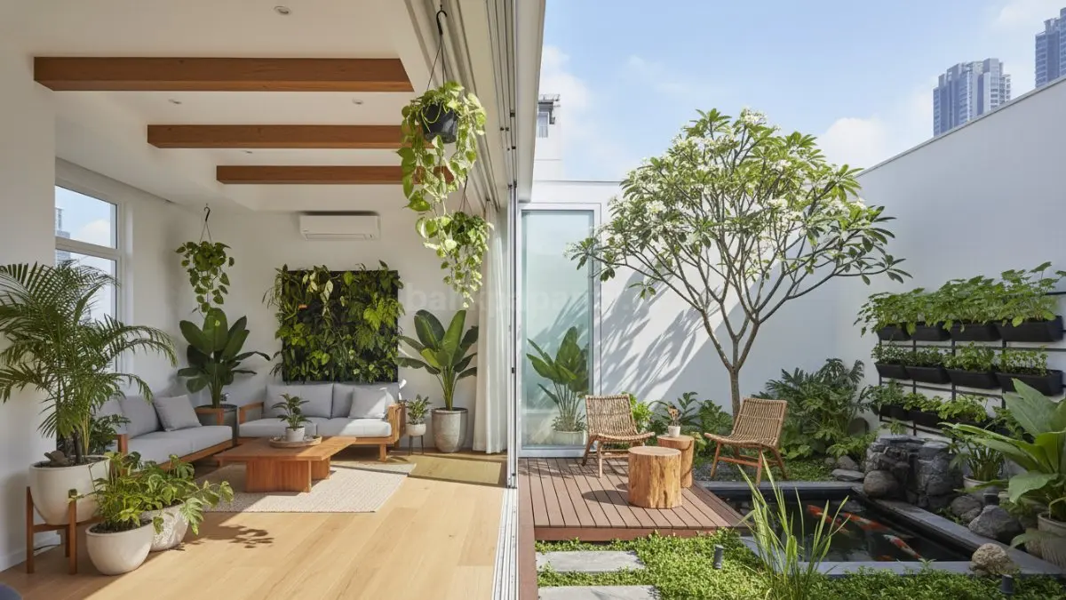 Taman indoor semi outdoor menghadirkan suasana segar dengan aliran cahaya alami yang maksimal ke dalam rumah. (BTV/Ai)