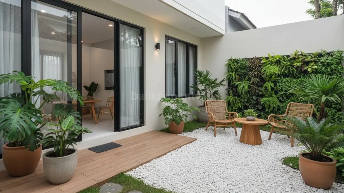 Taman minimalis modern dengan batu koral, tanaman tropis, dan area duduk sederhana untuk rumah perkotaan. (BTV/Ai)