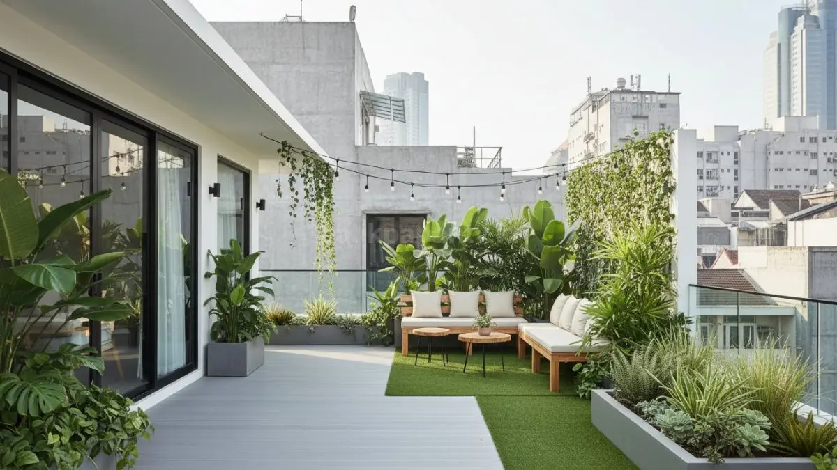 Taman rooftop menghadirkan ruang hijau yang nyaman untuk bersantai dan menikmati suasana dari ketinggian. (BTV/Ai)