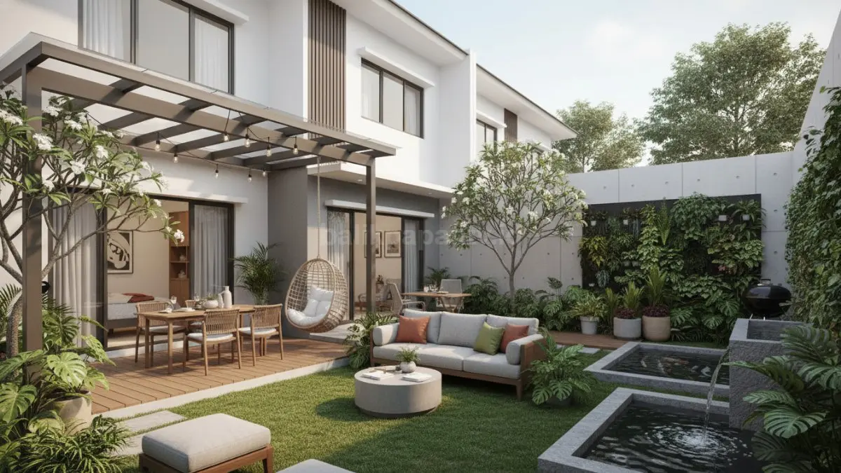 Taman rumah minimalis modern dengan konsep vertical garden hijau. (BTV/Ai)