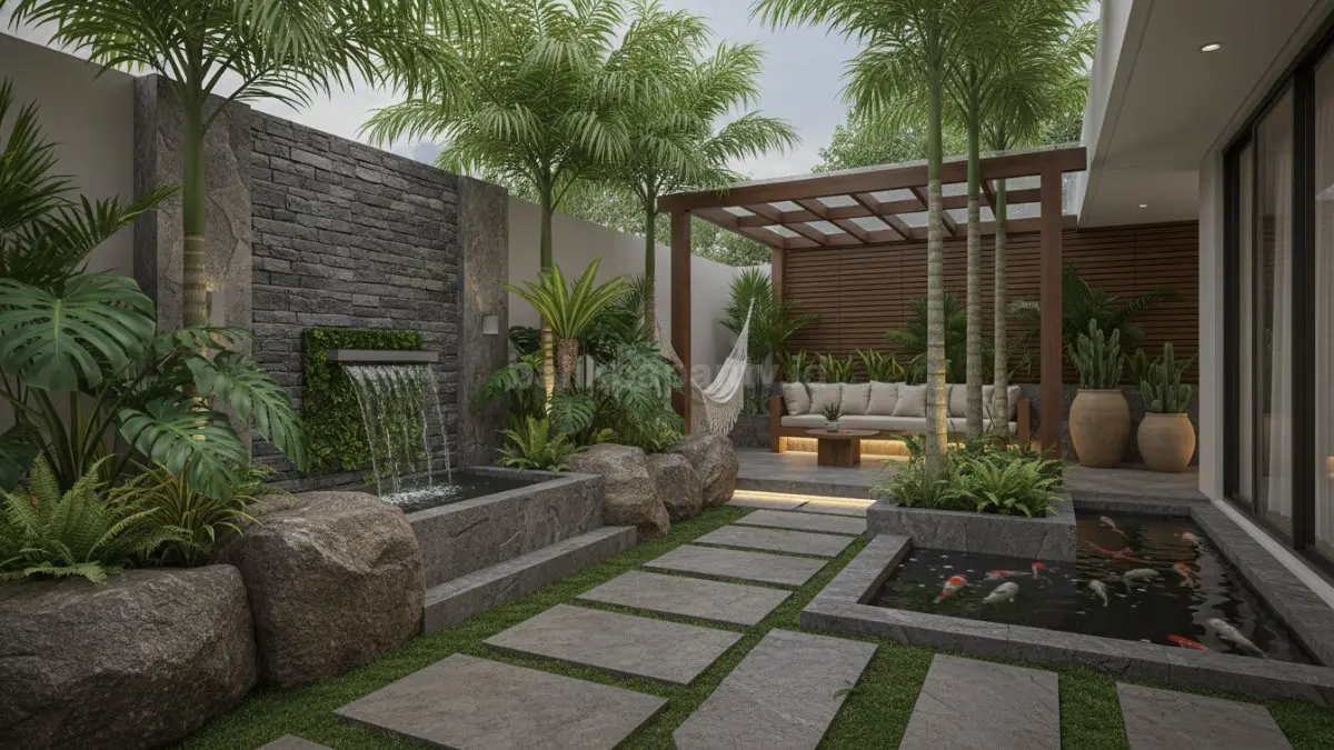 Taman tropis natural modern menghadirkan suasana hijau yang rimbun, segar, dan tetap tertata rapi. (BTV/Ai)