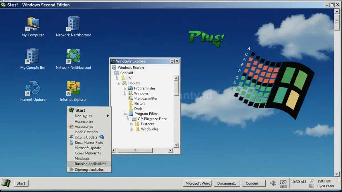 Tampilan desktop Windows 98 Second Edition yang menjadi ikon komputer akhir 1990-an.(BTV/Ai)