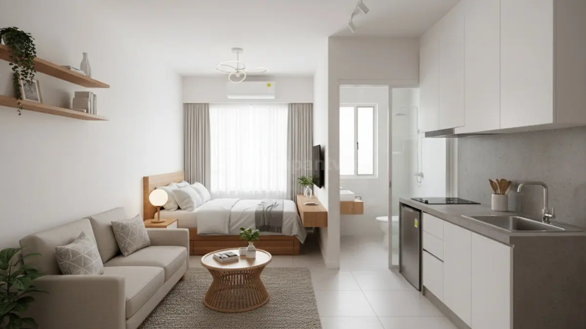 Tipe studio 24–27 meter persegi, hunian ringkas multifungsi, ideal bagi pekerja lajang modern. (BTV/Ai)
