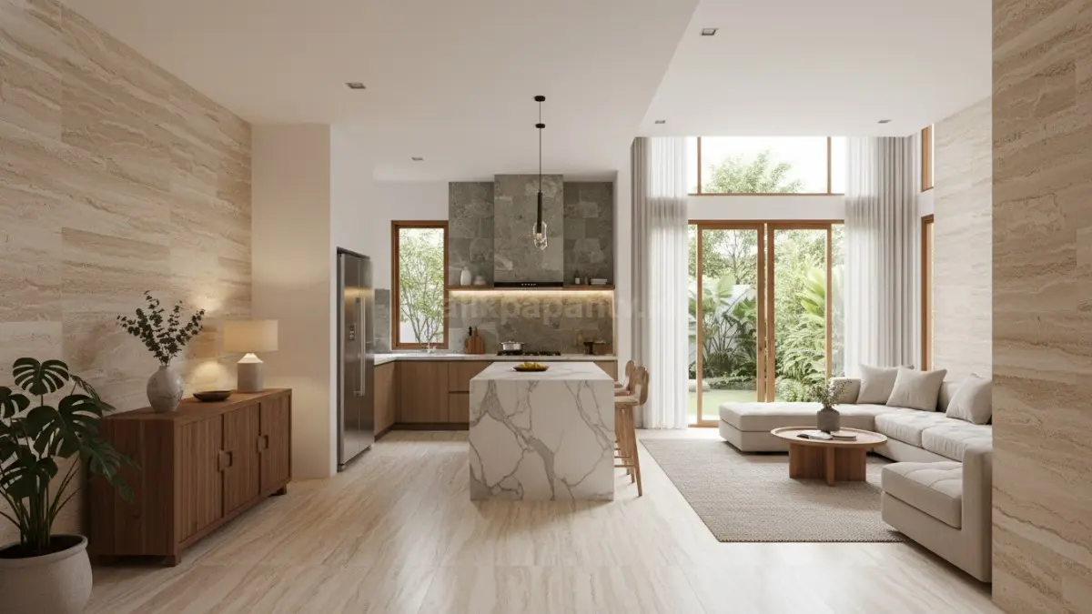 Aksen batu alam menghadirkan sentuhan elegan dan mewah yang memperkuat karakter interior modern. (BTV/Ai)