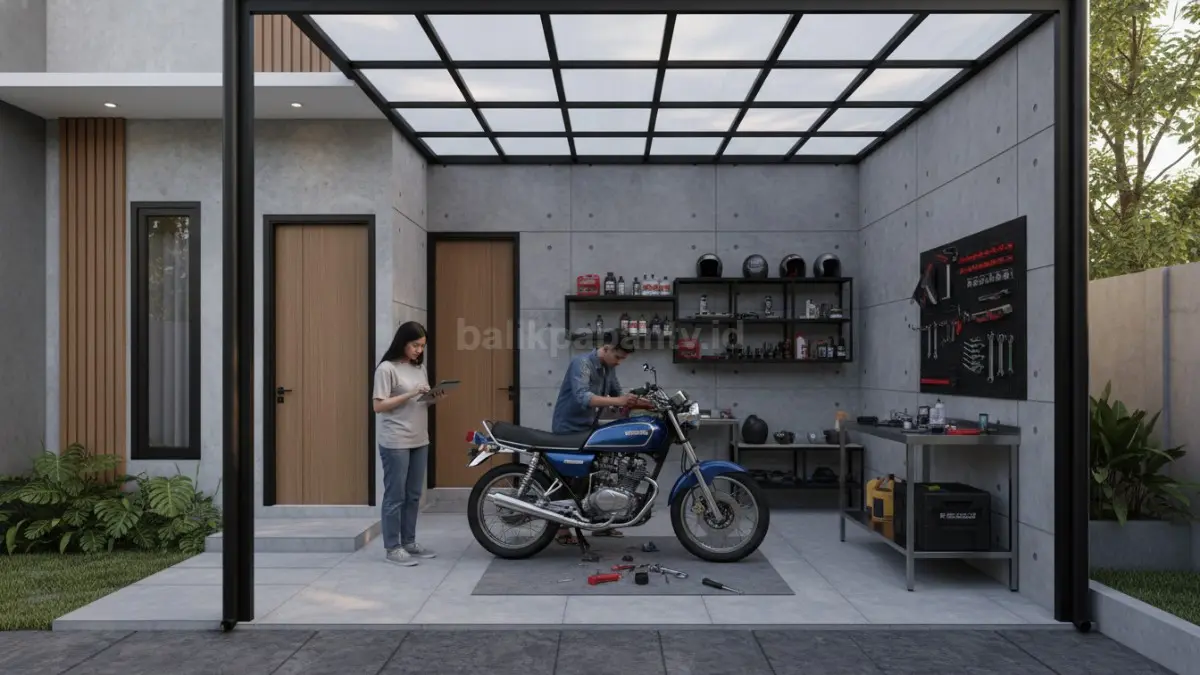 Area servis motor rumahan di samping rumah dengan pencahayaan optimal.

