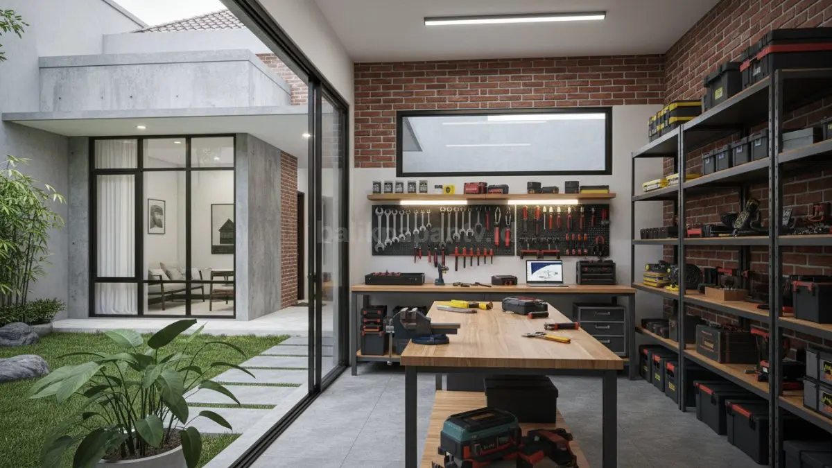 Bengkel samping rumah modern dengan rak peralatan rapi dan area kerja fungsional.
