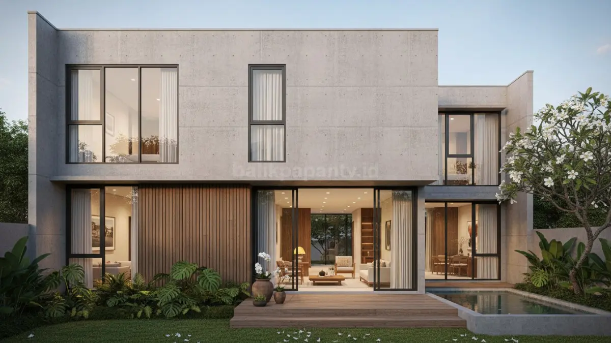 Beton ekspos bertekstur halus menghadirkan tampilan modern, bersih, dan berkarakter pada fasad rumah. (BTV/Ai)