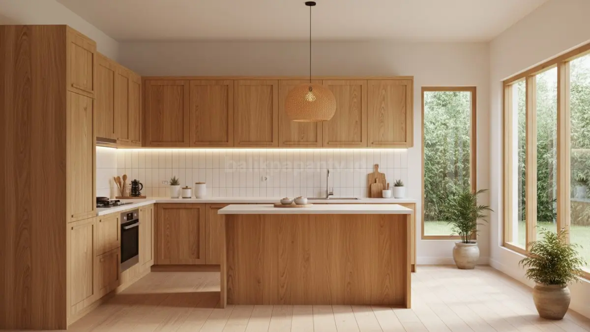 Dapur Japandi dengan Kabinet Full Kayu Natural (BTV/Ai)