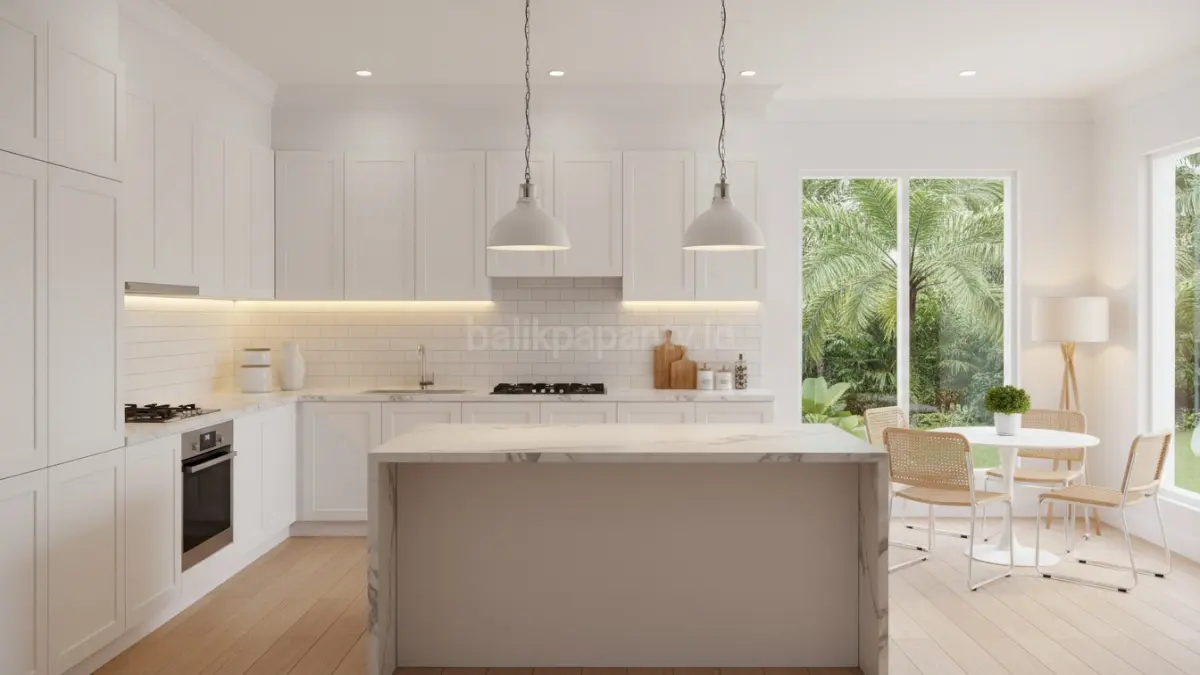 Dapur putih dengan pencahayaan berlapis, ambient accent menyatu, area kerja terang, sudut lembut, tak datar. (BTV/AI)

