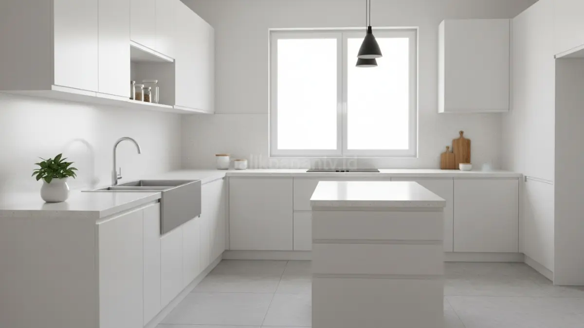 Dapur putih matte bertekstur halus, memantulkan cahaya lembut, tidak silau, minim sidik jari, hunian urban. (BTV/AI)
