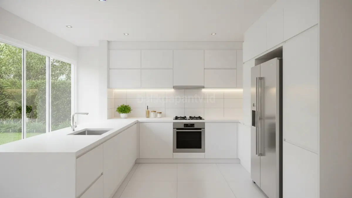 Dapur putih minimalis bergaris tegas, kabinet tanpa handle, tampilan bersih, fungsional, memudahkan alur kerja sehari-hari. (BTV/AI)
