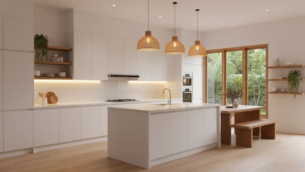 Dapur putih modern dengan pencahayaan berlapis, aksen kayu alami, menghadirkan kesan hangat, bersih, dan elegan. (BTV/AI)
