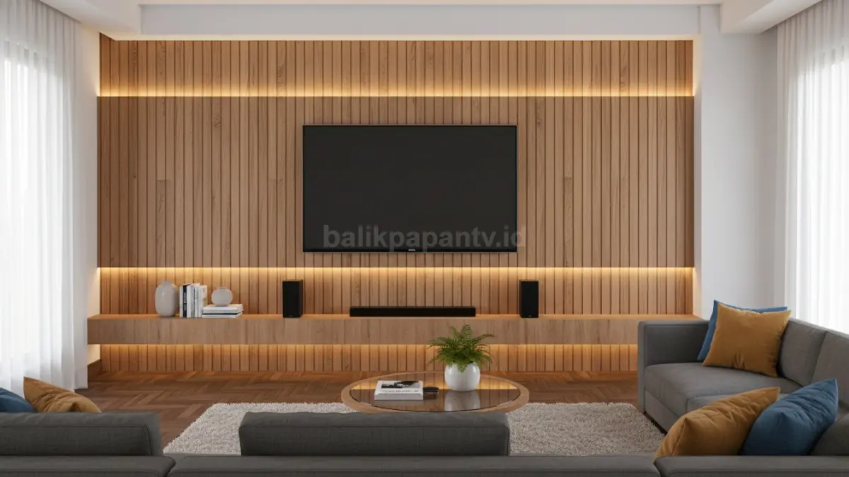 Dekorasi dinding TV modern dengan panel kayu dan pencahayaan hangat yang menjadi pusat perhatian ruang keluarga (BTV/Ai)