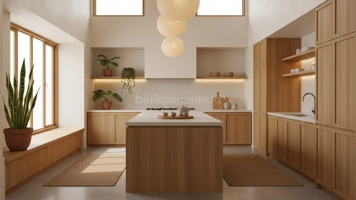 Desain dapur Japandi modern dengan kabinet kayu natural dan suasana hangat yang nyaman. (BTV/Ai)