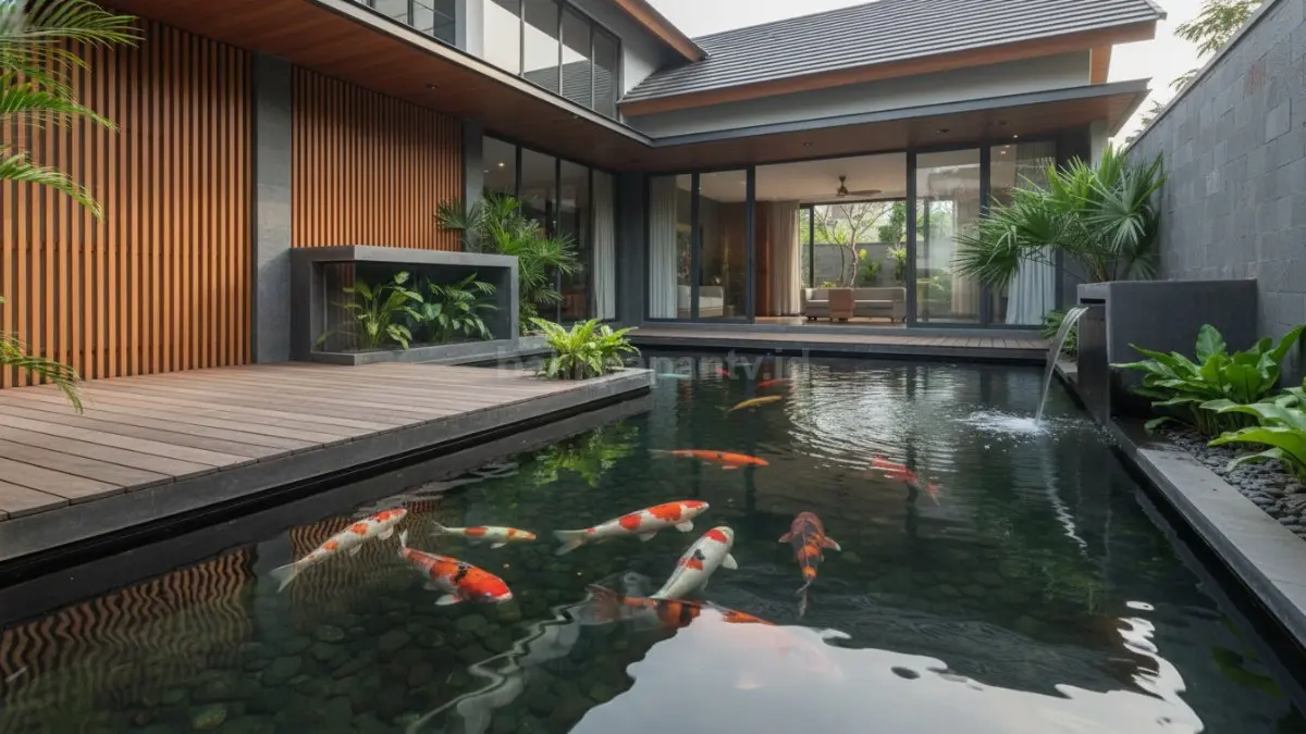 Desain kolam koi minimalis pada teras rumah dengan sistem filtrasi tersembunyi yang rapi.

