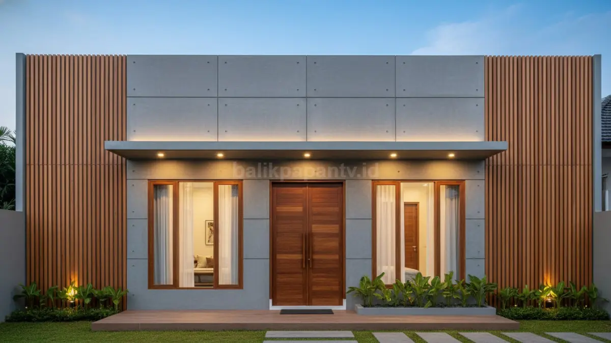 Desain simetris dengan kombinasi beton dan kayu menciptakan fasad yang rapi, modern, dan berkesan timeless. (BTV/Ai)