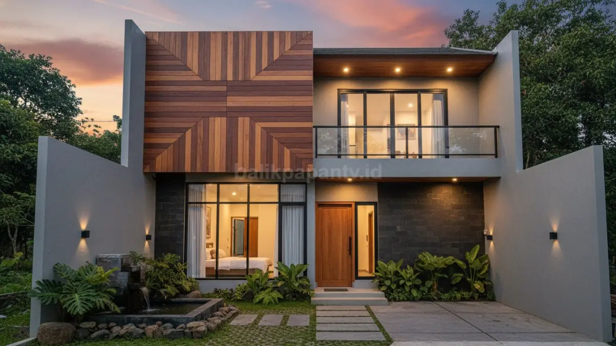 Dinding aksen kayu menciptakan kontras yang hangat dan menambah daya tarik visual pada fasad modern. (BTV/Ai)