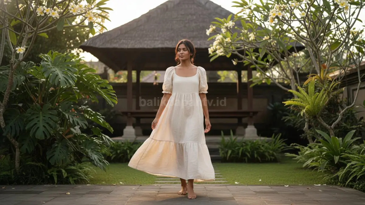 Dress linen bernuansa natural menghadirkan kenyamanan tropis dengan tampilan rapi, lembut, dan elegan.  (BTV/AI) 
