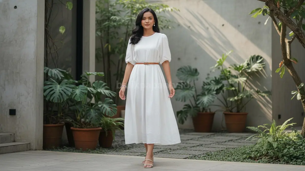 Dress monokrom soft feminine tampil modern, bersih, mudah dipadukan aksesori, cocok berbagai aktivitas harian.  (BTV/AI) 
