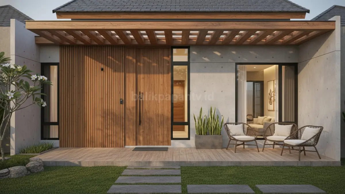 Fasad rumah minimalis modern dengan kombinasi kayu natural dan beton ekspos yang tampil hangat dan elegan. (BTV/Ai)