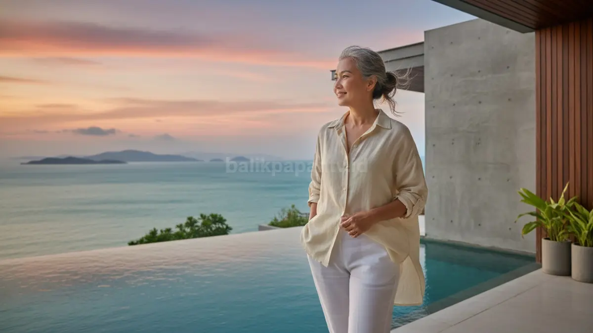 Fashion coastal grandma dengan kemeja longgar warna netral untuk tampilan santai dan rapi.
