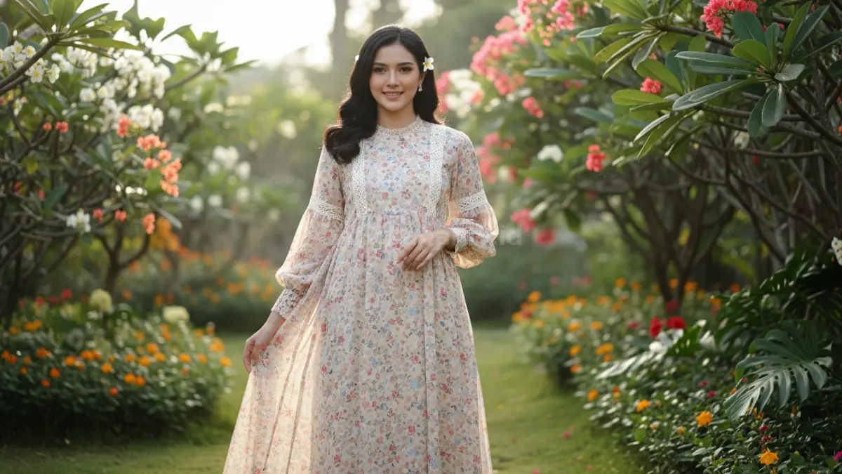 Floral dress motif kecil menghadirkan kesan feminin natural dengan tampilan ringan dan manis.  (BTV/AI) 
