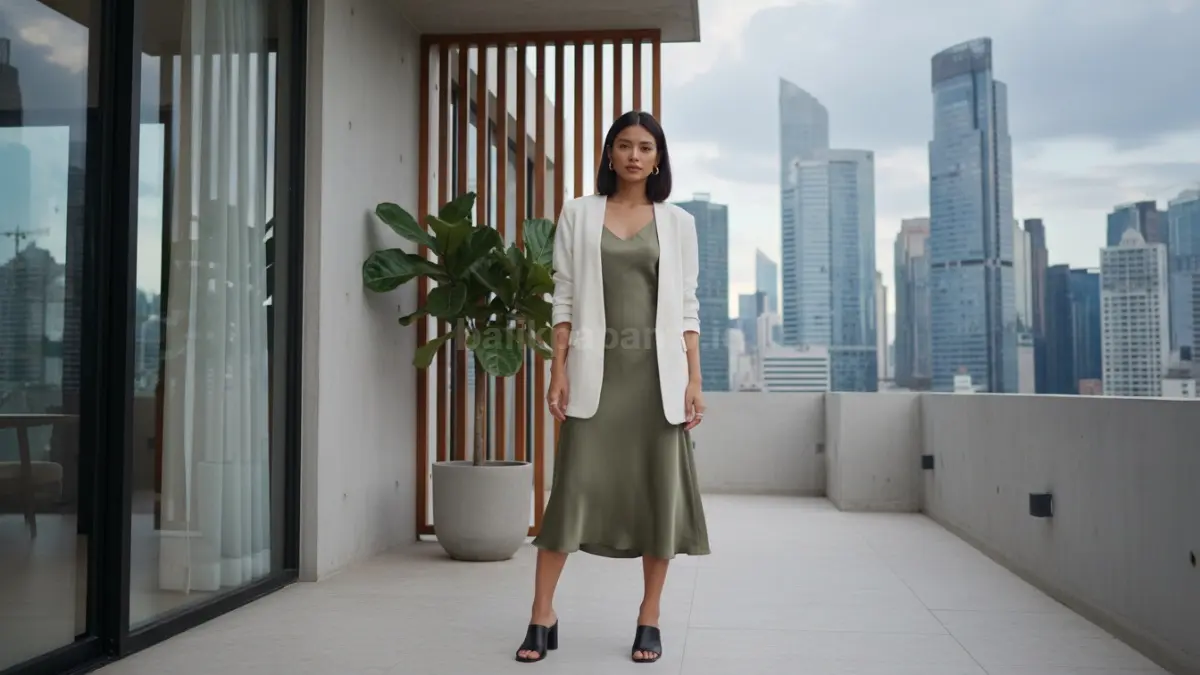 Gaya smart casual perempuan menggunakan dress midi dan blazer minimalis yang elegan.
