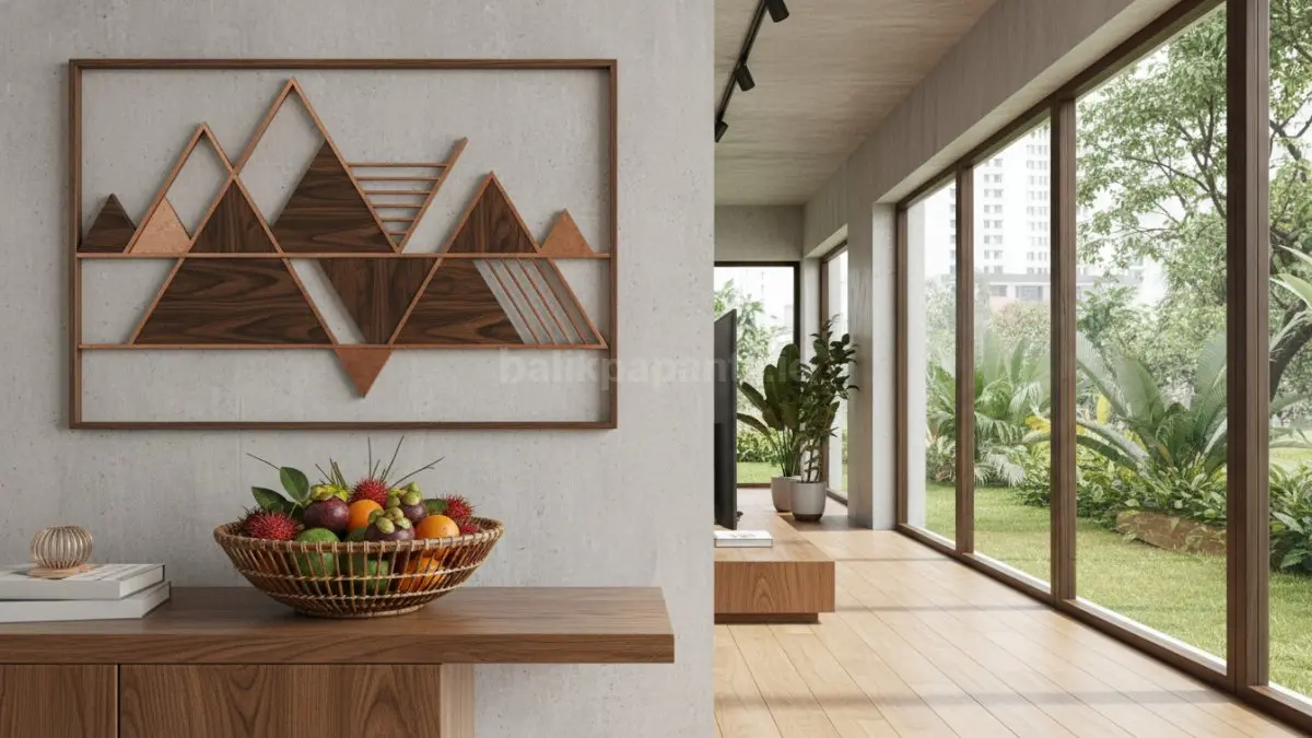 Hiasan dinding geometris dan keranjang buah dari lidi untuk mempercantik interior.
