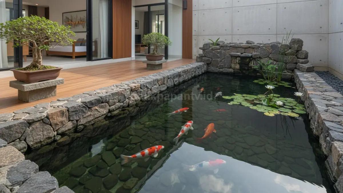 Kolam ikan ala Jepang di teras rumah modern dengan batu alam dan ikan koi yang menciptakan suasana tenang.
