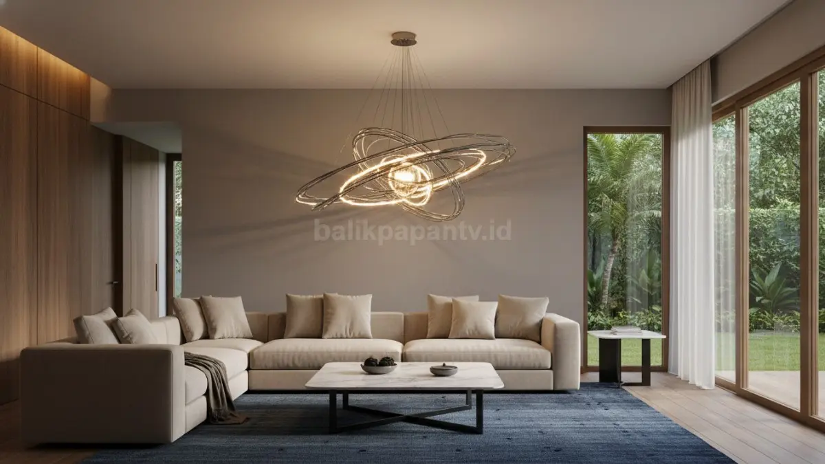 Lampu artistik modern berbentuk sculptural menjadi pusat perhatian pada ruang keluarga kontemporer (BTV/Ai)