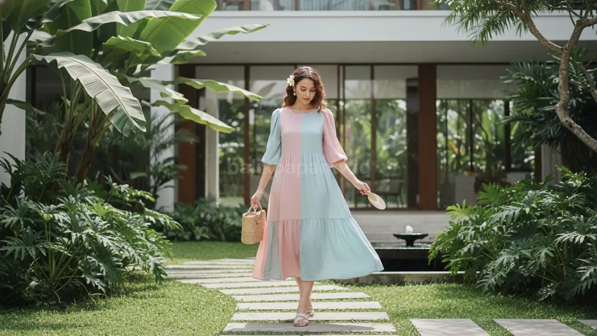 Midi dress warna pastel tampil anggun, nyaman, dan cocok untuk berbagai aktivitas harian.  (BTV/AI) 
