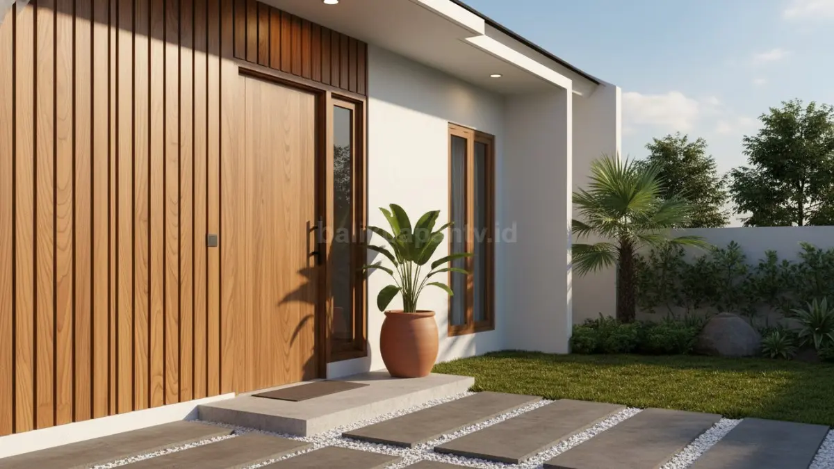 Panel kayu vertikal memberikan kesan hangat, elegan, dan membuat tampilan fasad terlihat lebih tinggi serta modern. (BTV/Ai)