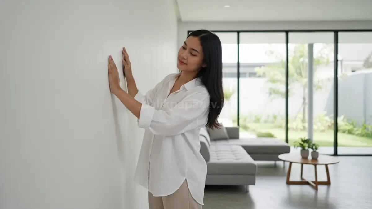Pemilik rumah memeriksa kondisi dinding yang bersih dan bebas cat terkelupas untuk menjaga kualitas hunian.
