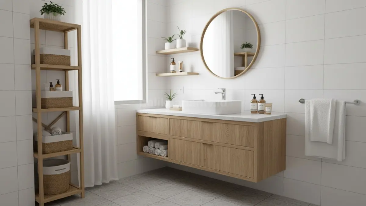 Penyimpanan kamar mandi modern dengan kabinet wastafel dan rak melayang yang membuat ruang terlihat rapi.(BTV/Ai)