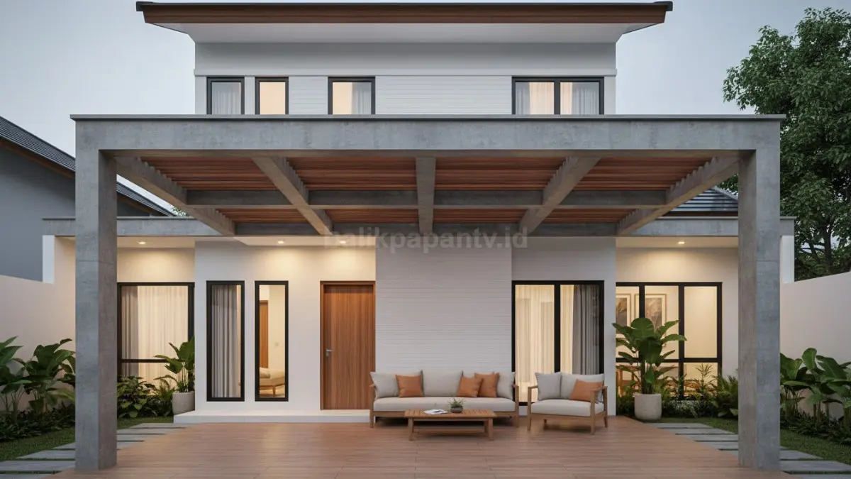 Perpaduan kayu dan beton pada kanopi menciptakan tampilan hangat, modern, dan nyaman di area teras. (BTV/Ai)