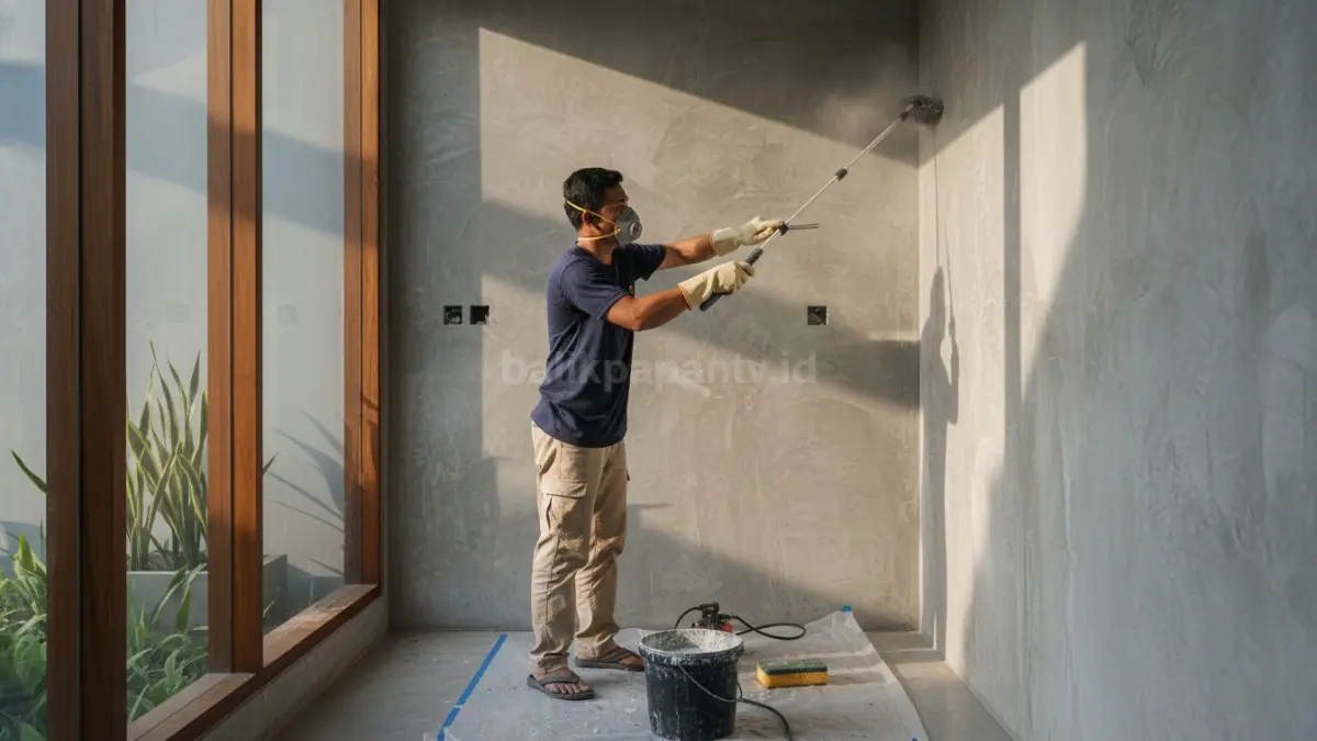 Proses membersihkan permukaan dinding sebelum pengecatan agar daya rekat cat lebih optimal.
