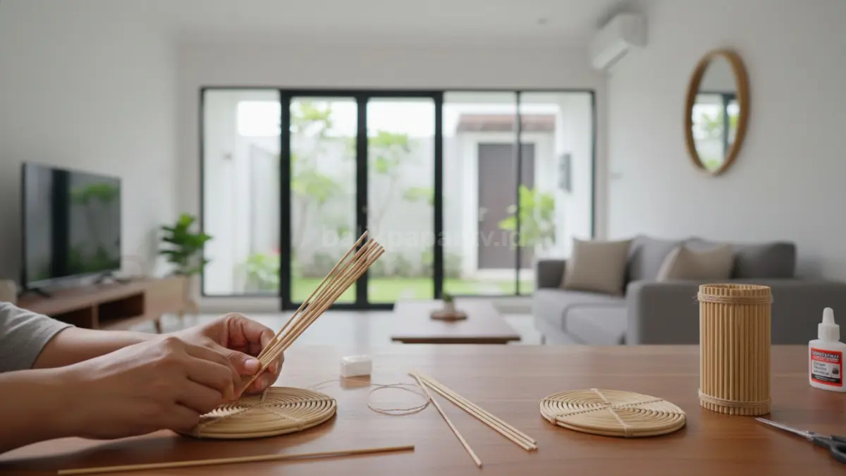 Proses menyusun lidi menjadi tatakan gelas dan tempat pensil kreatif di rumah.
