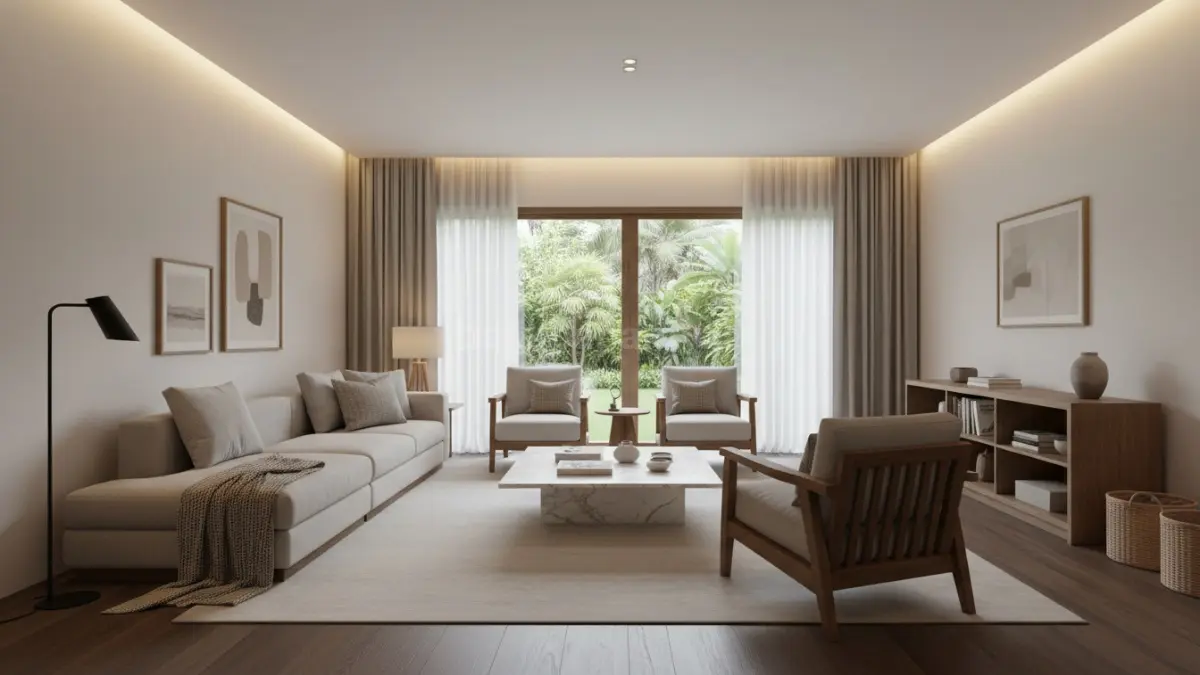 Ruang keluarga bergaya quiet luxury dengan warna netral, pencahayaan hangat, dan furnitur berkualitas (BTV/Ai)