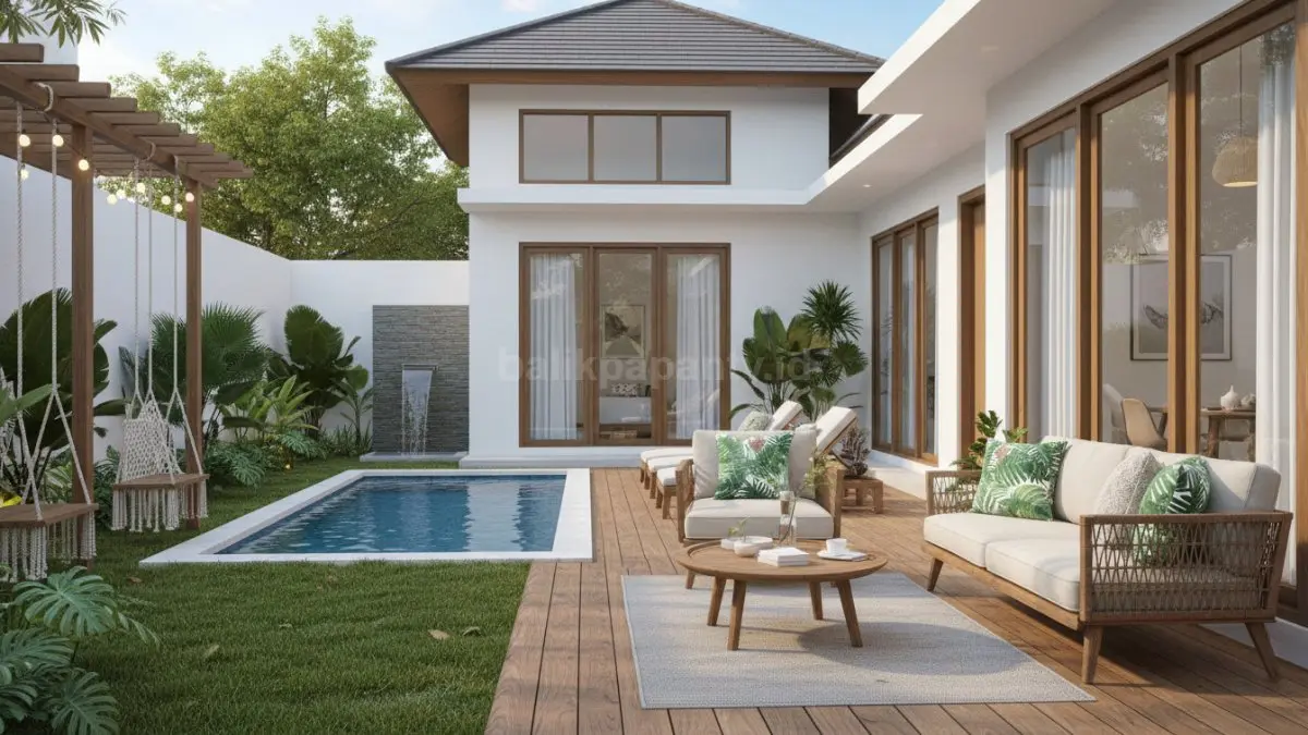 Rumah bergaya resort modern dengan taman hijau, kolam reflektif, dan area santai yang nyaman untuk keluarga. (BTV/Ai)