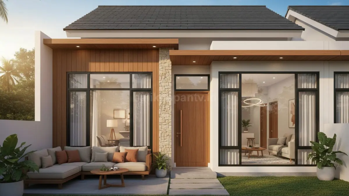 Rumah minimalis modern warm luxury dengan warna earth tone dan pencahayaan hangat yang menciptakan suasana elegan dan nyaman. (BTV/Ai)